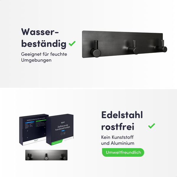 Edelstahl-Hakenleiste mit drei Haken, wasserbeständig und rostfrei, geeignet für feuchte Umgebungen wie Badezimmer.