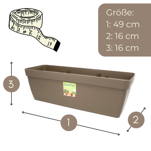 Abbildung eines rechteckigen Blumenkastens mit den Massen 49 x 16 x 16 Zentimeter und einem Massband.