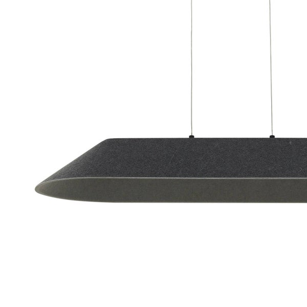 Moderne Akustik-Pendelleuchte in Dunkelgrau aus Filz, flaches Design, rechteckig mit abgeschrägten Kanten, zur Deckenmontage.