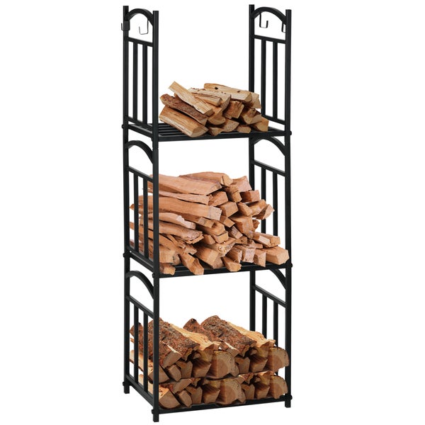 Brennholzregal aus Metall mit drei Ablagen und Holz