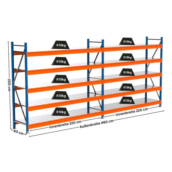 Steckregal mit vier Ebenen und einer Traglast von 610 Kilogramm pro Ebene