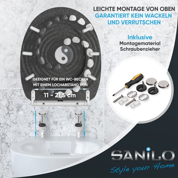 Sanilo WC-Sitz Yin-Yang-Motiv, Infografik zur Montage von oben, Lochabstand 11 bis 21,5 Zentimeter, Werkzeug inkludiert. Sanilo Logo.
