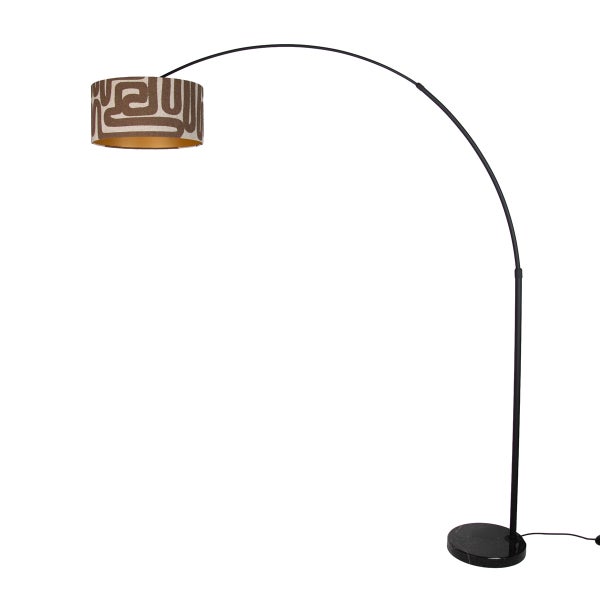 Bogenlampe mit gemustertem Lampenschirm aus Textil und rundem Marmorfuß zur Bodenbeleuchtung