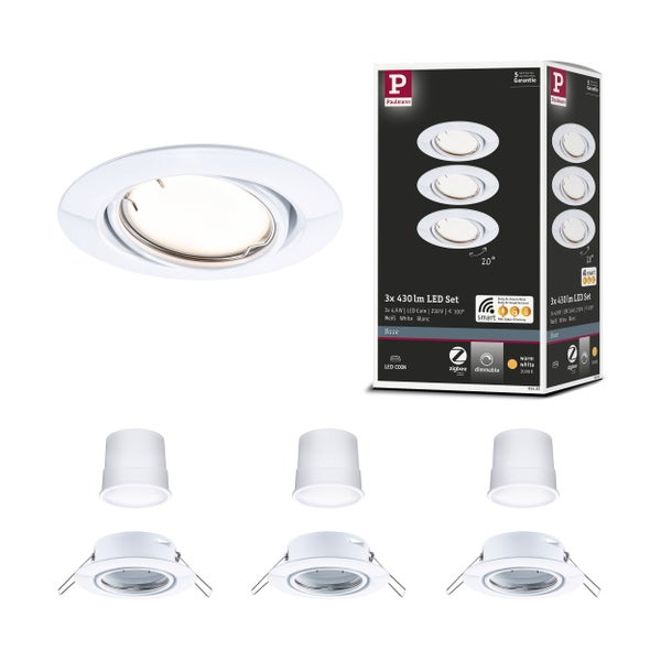 Paulmann LED Einbauleuchten Set mit drei schwenkbaren LED Coins, dimmbar, warmweißes Licht, kompatibel mit Zigbee Smart Home Systemen.