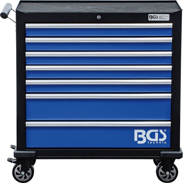Werkstattwagen von BGS technic mit sieben blauen Schubladen, Rollen und seitlichem Schiebegriff.