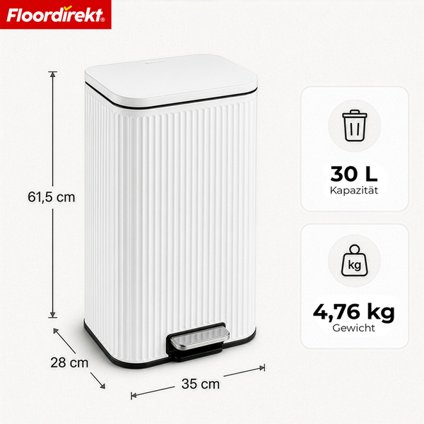 Floordirekt Logo. Tretmülleimer, geriffelt. Höhe 61,5, Breite 35, Tiefe 28 Zentimeter. Kapazität 30 Liter, Gewicht 4,76 Kilogramm.