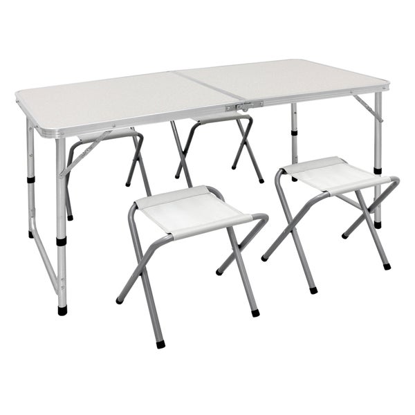 ECD Germany Campingtisch Set mit 4 Hocker, 120x60x55/63/70 cm höhenverstellbar, klappbar, Weiß/Creme, aus Aluminium und MDF, Campingmöbel Set Klappmöbel Klapptisch Falttisch Gartentisch mit 4 Stühle