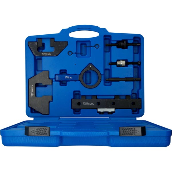 Werkzeugsatz für Motoren in blauem Kunststoffkoffer