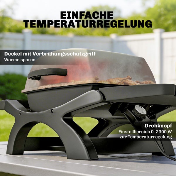 Elektrischer Tischgrill mit transparentem Deckel, Hitzeschutzgriff und Drehregler zur Temperaturregelung von 0 bis 2300 Watt im Garten.