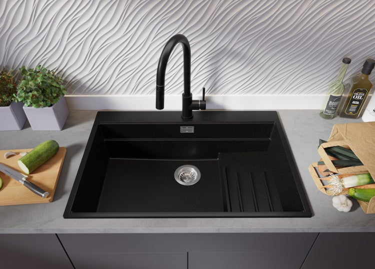 PRIMAGRAN Spülbecken Schwarz 78x53cm, Granitspüle 1 Becken + Ablauf-Set + Küchenzubehörset, Küchenspüle ab 80er Unterschrank - Oslo Max