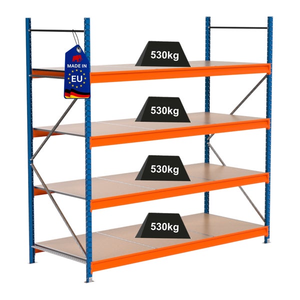 Lagerregal mit vier Ebenen und einer Traglast von 530 Kilogramm pro Ebene, Hergestellt in der EU Kennzeichen