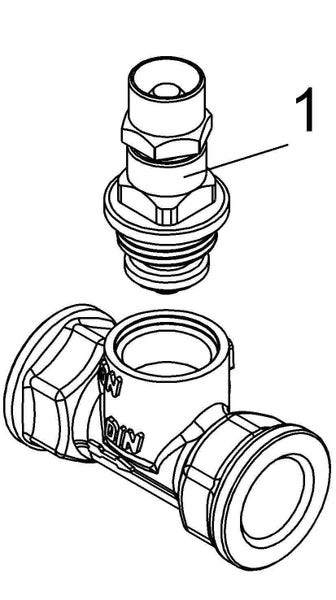 Technische Zeichnung eines Ventilgehäuses mit einem separaten Ventileinsatz, markiert mit der Nummer 1.