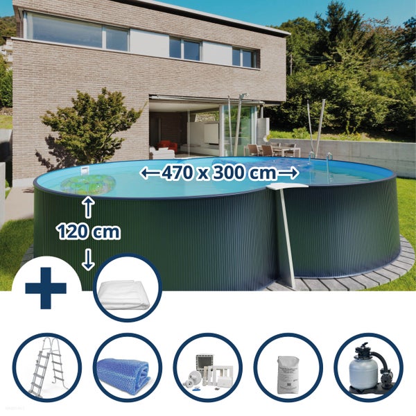 Ovalpool Set mit Poolleiter, Abdeckplane, Solarplane, Einbauskimmer, Quarzsand und Sandfilteranlage, Groesse 470 mal 300 Zentimeter, Hoehe 120 Zentimeter