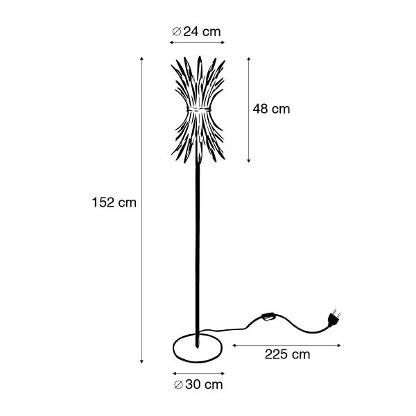 Abbildung einer Stehlampe mit den Maßangaben: 24 cm Durchmesser Lampenschirm, 48 cm Höhe Lampenschirm, 152 cm Gesamthöhe, 30 cm Durchmesser Lampenfuß und 225 cm Kabellänge