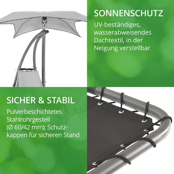 Details einer Gartenschaukel mit UV-beständigem und wasserabweisendem Dach und pulverbeschichtetem Stahlrohrgestell