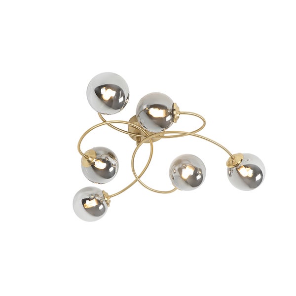 Deckenleuchte mit sechs runden, verspiegelten Glasschirmen und goldfarbenem Gestell