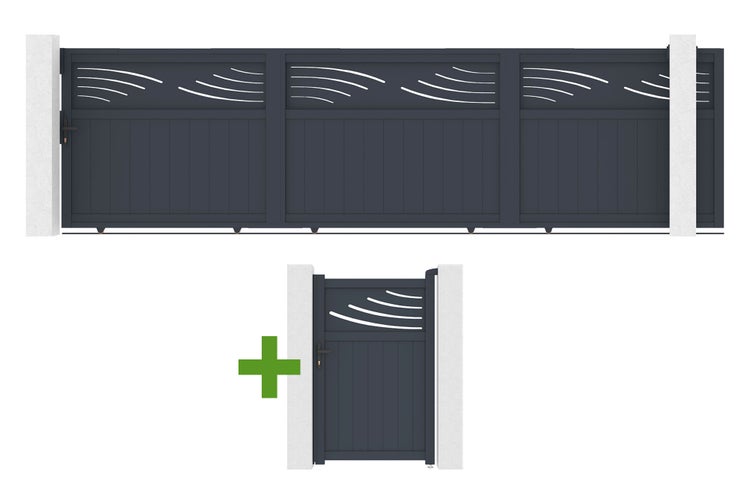 Set aus Schiebetor und Gartentor mit Wellen-Dekor und horizontalen Lamellen zwischen Pfosten.