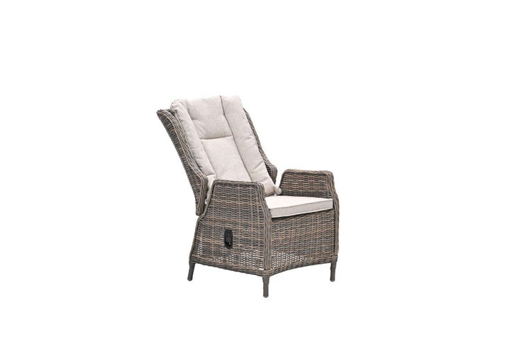 Verstellbarer Garten-Relaxsessel aus Polyrattan mit hohem Rücken, Armlehnen sowie Sitz- und Rückenkissen.