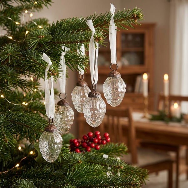 Weihnachtsbaumschmuck aus Glas in Zapfenform mit Band an einem Tannenbaum im Wohnzimmer