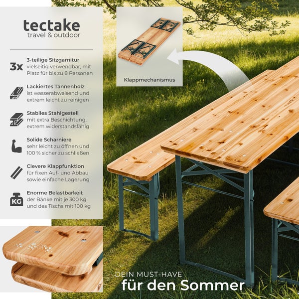 Bierzeltgarnitur tectake Sissi robustes Tannenholz mit Schutzlackierung 3-teilig, klappbar braun