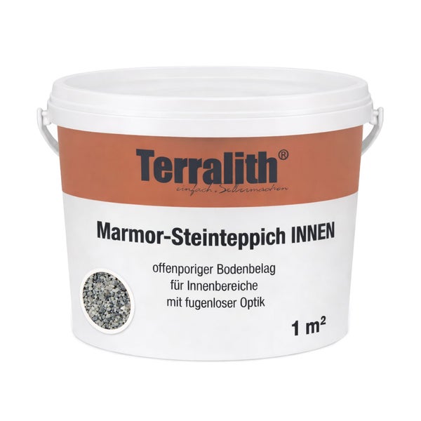 Terralith Logo. Eimer mit Marmor-Steinteppich für Innenbereiche, offenporiger Bodenbelag mit fugenloser Optik für 1 Quadratmeter.