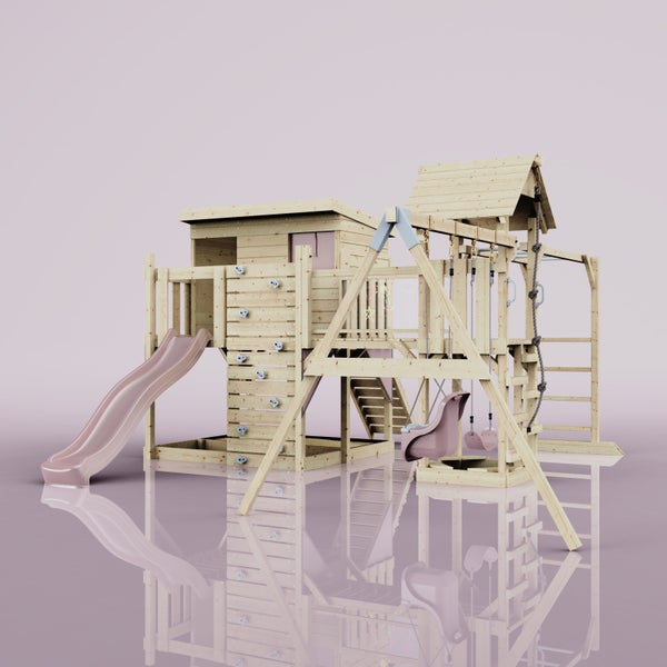 Spielplatz mit Rutsche, Schaukel und Kletterwand aus Holz