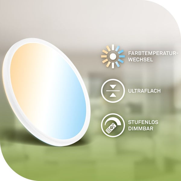 Runde LED Deckenleuchte mit einstellbarer Farbtemperatur, ultraflachem Design und stufenloser Dimmfunktion inklusive Fernbedienung.