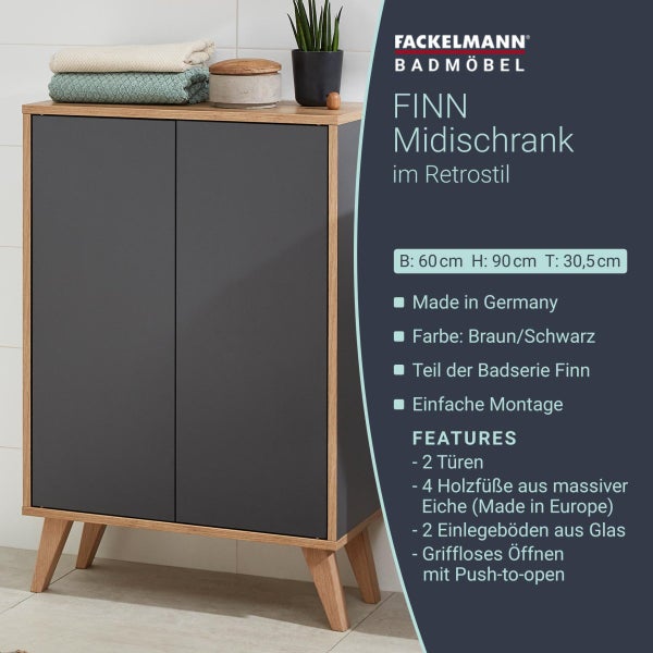FACKELMANN FINN Badmöbel Set 2 Teile / Doppel-Midischrank mit Push-to-Open fürs Bad / 4 Holzfüße / Badschrank mit 2 Türen / Korpus & Front: Schwarz / Rahmendekor & Füße: Braun hell / Breite: 60 cm