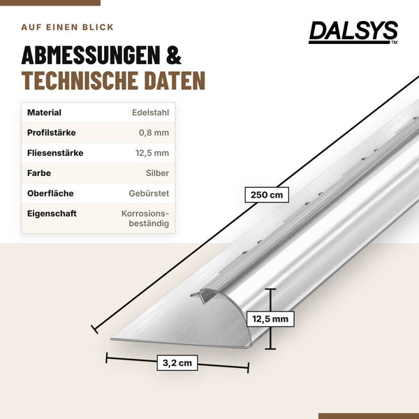 Dalsys Edelstahl Fliesenprofil gebürstet 250 Zentimeter Länge 12,5 Millimeter Höhe zur Kantenverkleidung von Fliesen.