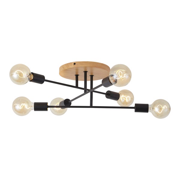 Moderne Deckenleuchte mit sechs Lichtquellen, Holzdekor Deckenplatte und schwarzen Armen in industriellem Stil.