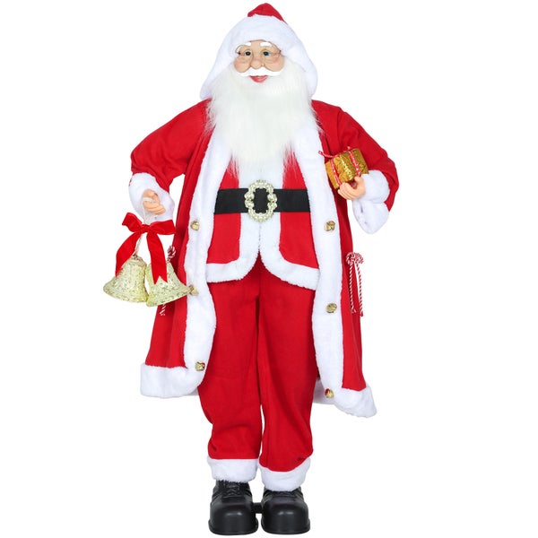 Weihnachtsmann-Figur mit rotem Mantel, weißem Bart, goldenen Glocken und einem Geschenk.