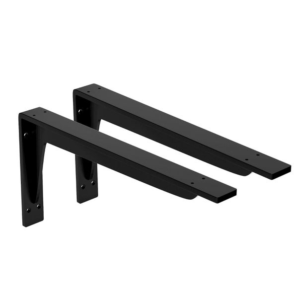 Zwei schwarze Schwerlastkonsolen aus Metall zur Wandmontage von Regalböden.