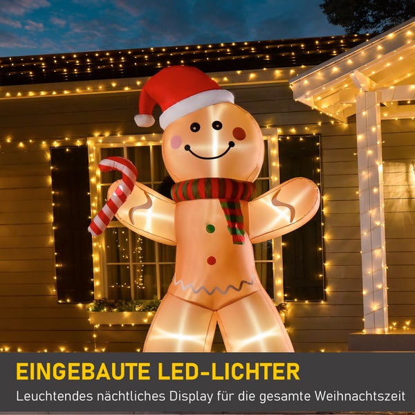 HOMCOM Aufblasbarer Lebkuchenmann, 2,4 m Weihnachtsdekoration mit Lichtern Aufblasbares Modell, wetterfest, 170 x 65 x 240 cm, Polyester-Stoff, Gelb