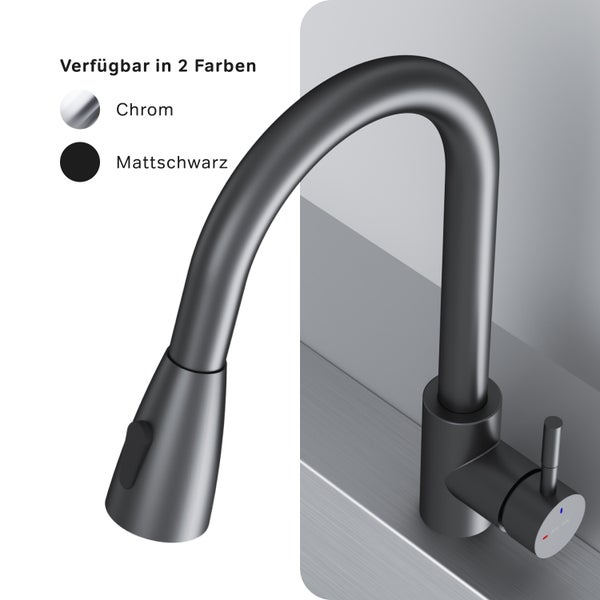 Küchenarmatur in Mattschwarz mit ausziehbarer Brause