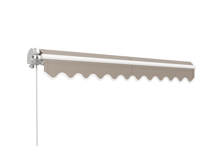 Beige Gelenkarmmarkise mit Handkurbel, gewelltem Volant und weißem Rahmen.