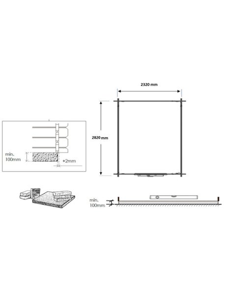 Technische Zeichnung für ein Fundament mit Maßen 2320 Millimeter mal 2820 Millimeter und einer Mindesttiefe von 100 Millimeter.