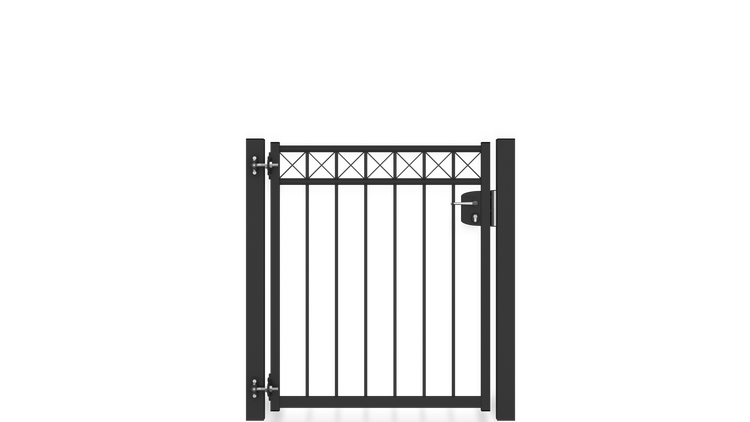 Gartentor ZAUNGURU BASIC-Linie Oldenburg Kreuz aus Metall, Höhe: 123cm, Breite: 123cm, 1-flügelig inkl. Pfosten, Schloss und Zubehör, Feuerverzinkt und in RAL 7016 Anthrazitgrau pulverbeschichtet