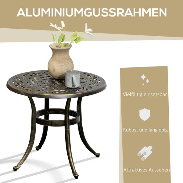 Runder Gartentisch aus Metall in Antik-Optik mit Gittergeflecht-Tischplatte und verstellbaren Fußknöpfen.