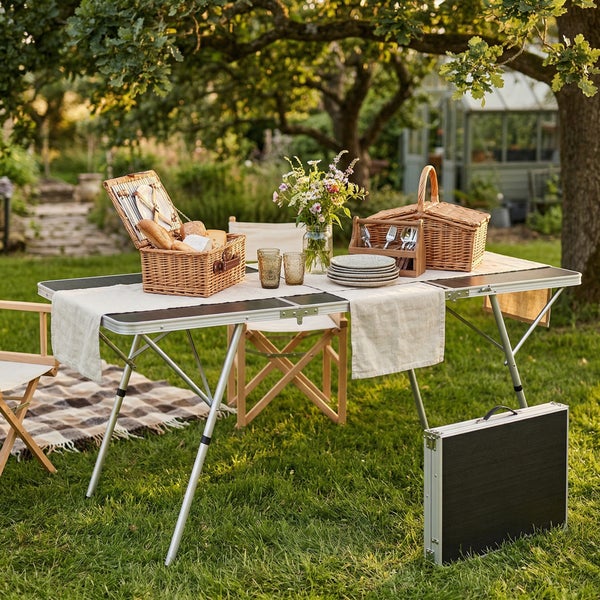 Klappbarer Campingtisch aus Aluminium mit schwarzer Tischplatte, gedeckt für ein Picknick im Garten mit Klappstühlen.