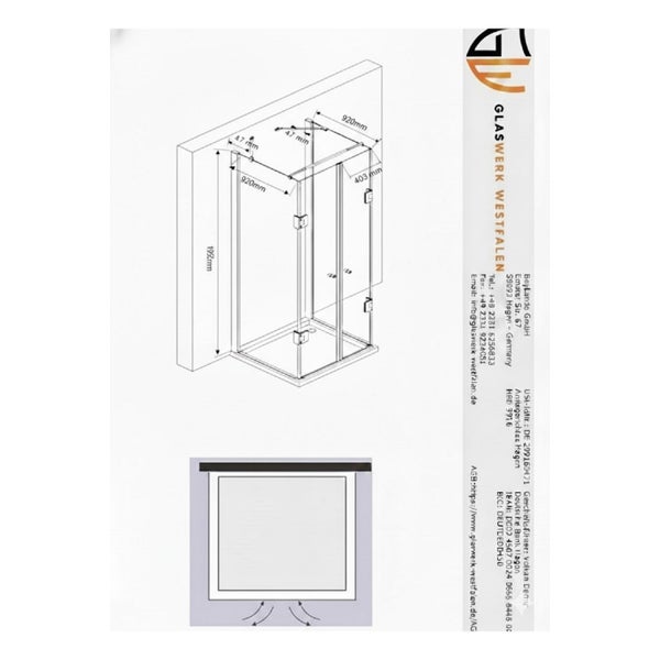 Technische Zeichnung einer Duschkabine mit Maßangaben.