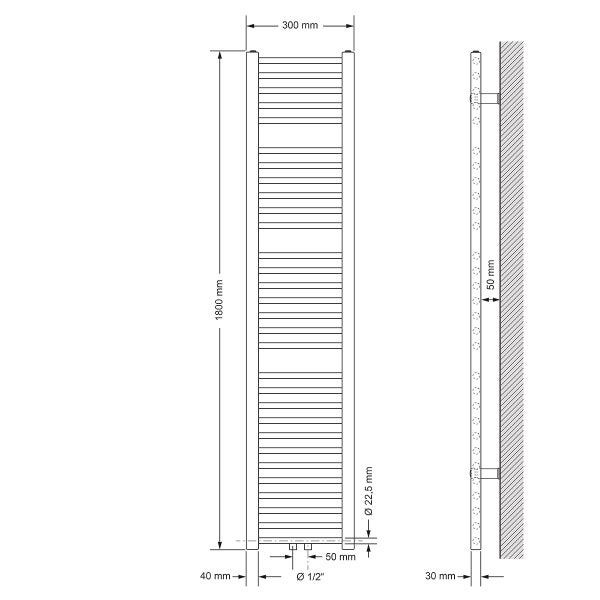 ECD Germany Badheizkörper Mittelanschluss 300 x 1800 mm Chrom gerade mit Thermostat und Anschlussgarnitur Eck Wand Chrom - Heizkörper Heizung Handtuchwärmer Handtuchtrockner Handtuchheizkörper