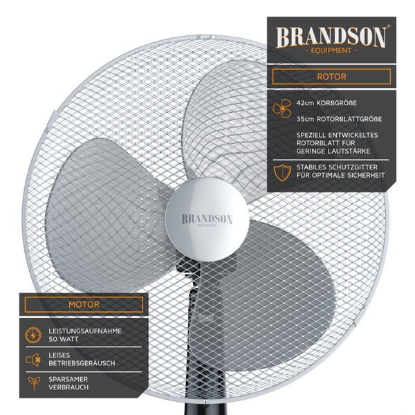 Brandson Standventilator 40cm, Ventilator Standfuß höhenverstellbar, hoher Luftdurchsatz, 3 Leistungsstufen, 80° Oszillation, Schwarz/Silber