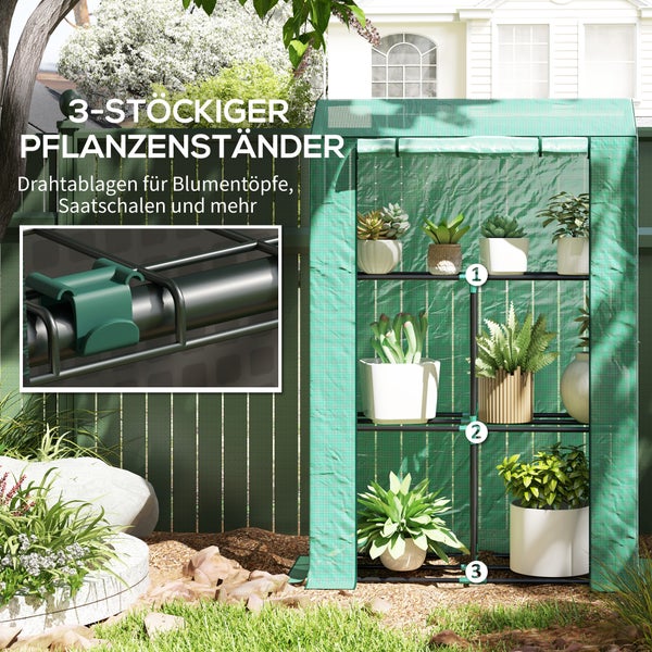 Outsunny Gewächshaus mit Regale Rolltür, winterfest Foliengewächshaus aus Stahl, Treibhaus für Balkon, Garten, Tomatenhaus mit UV schutz 100x40x150cm Tomatengewächshaus für Gemüse Blumen Pflanzen Grün