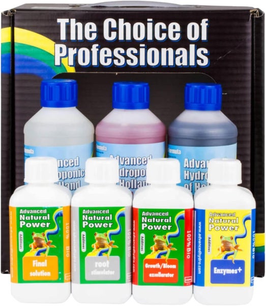 Advanced Hydroponics Dutch Formula und Natural Power Starterkit mit Flüssigdünger und Pflanzenhilfsmitteln in Flaschen.