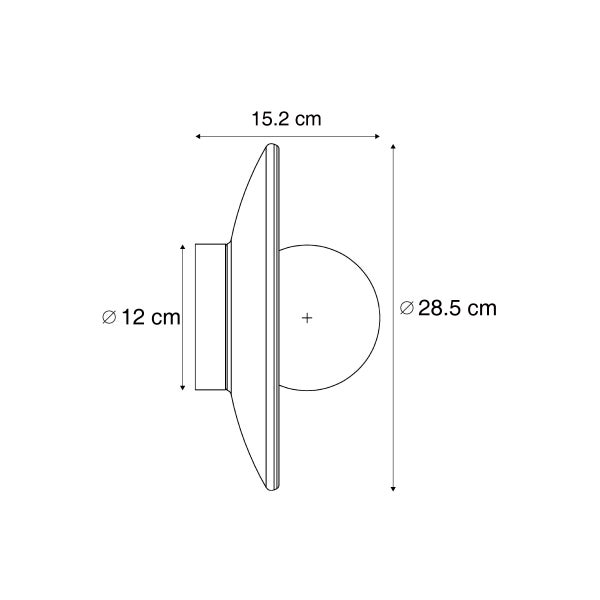 Technische Zeichnung einer Wandleuchte mit Maßangaben von 15,2 Zentimeter Tiefe, 28,5 Zentimeter Durchmesser und 12 Zentimeter Wandhalterung.