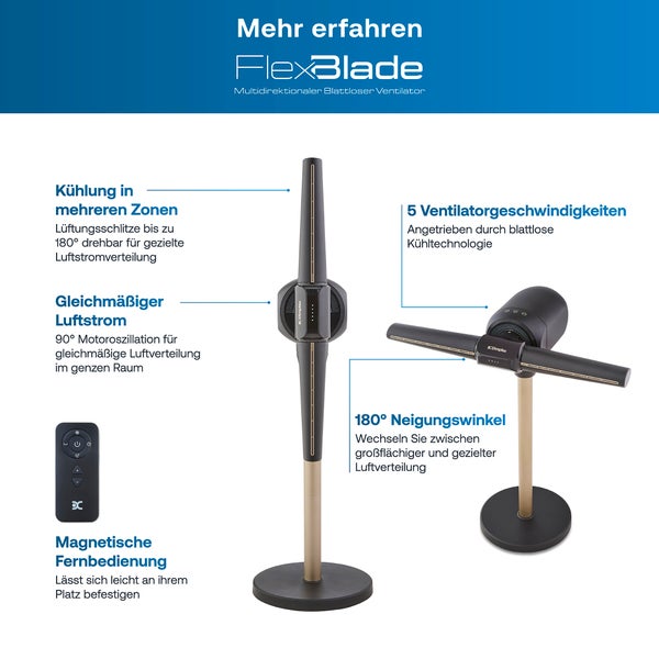 Dimplex FlexBlade blattloser Ventilator mit 180 Grad Neigungswinkel, 90 Grad Oszillation, 5 Geschwindigkeitsstufen und magnetischer Fernbedienung.