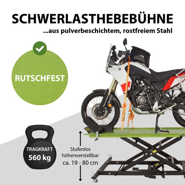 Motorrad auf Schwerlast Hebebühne aus pulverbeschichtetem, rostfreiem Stahl, rutschfeste Oberfläche, Tragkraft 560 Kilogramm, stufenlos höhenverstellbar von circa 19 bis 80 Zentimeter
