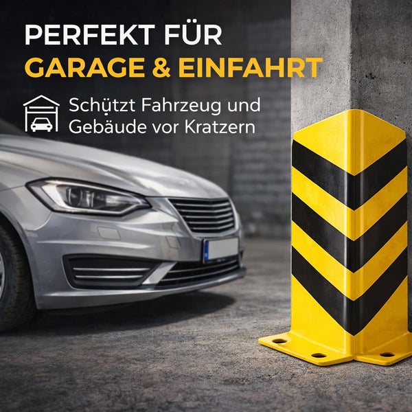 Gelb-schwarzer Eckschutz für Garagen zum Schutz von Fahrzeugen und Wänden vor Kratzern, montiert an einem Betonpfeiler.