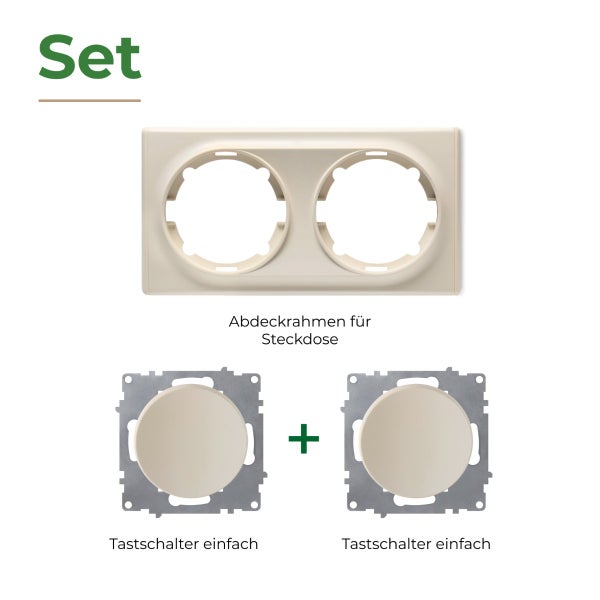 Set bestehend aus einem zweifachen Abdeckrahmen für Steckdosen und zwei einfachen Tastschaltern zur Unterputzmontage.