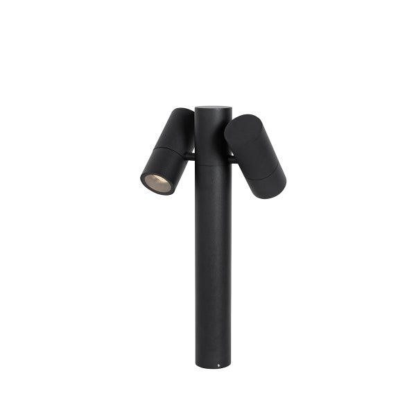 Schwarze Außen-Pollerleuchte mit zwei verstellbaren Strahlern und einem zylindrischen Sockel.